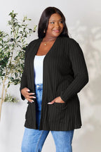 Women's ribbed open front cardigan with functional pockets, lightweight layer, stylish women's apparel by Trendsi.