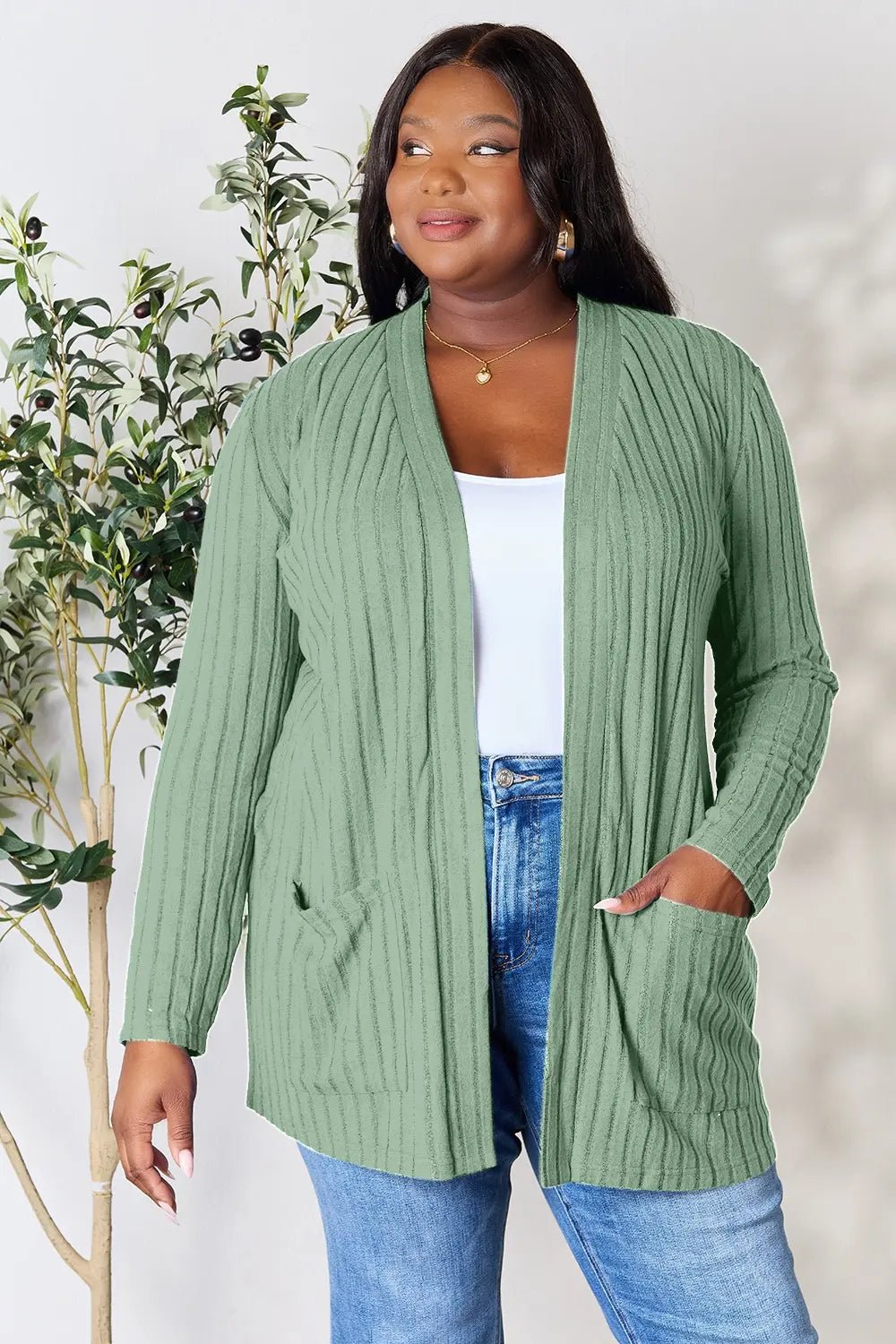 Women's ribbed open front cardigan with functional pockets, lightweight and cozy, perfect for layered casual outfits.