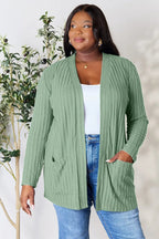 Women's ribbed open front cardigan with functional pockets, lightweight and cozy, perfect for layered casual outfits.