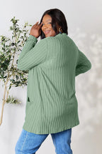 Women’s lightweight ribbed open front cardigan with functional pockets, stylish and cozy for casual wear.