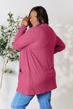 Women's lightweight ribbed open front cardigan with functional pockets, stylish and cozy, from Trendsi.