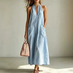 Cotton halterneck sleeveless dress by FitiqueFit featuring a deep V-neck and loose straight-line fit, perfect for casual wear.