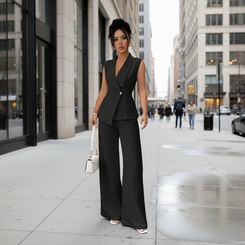 Women's Sleeveless Blazer & Straight-Leg Pants Two-Piece Set FitiqueFit