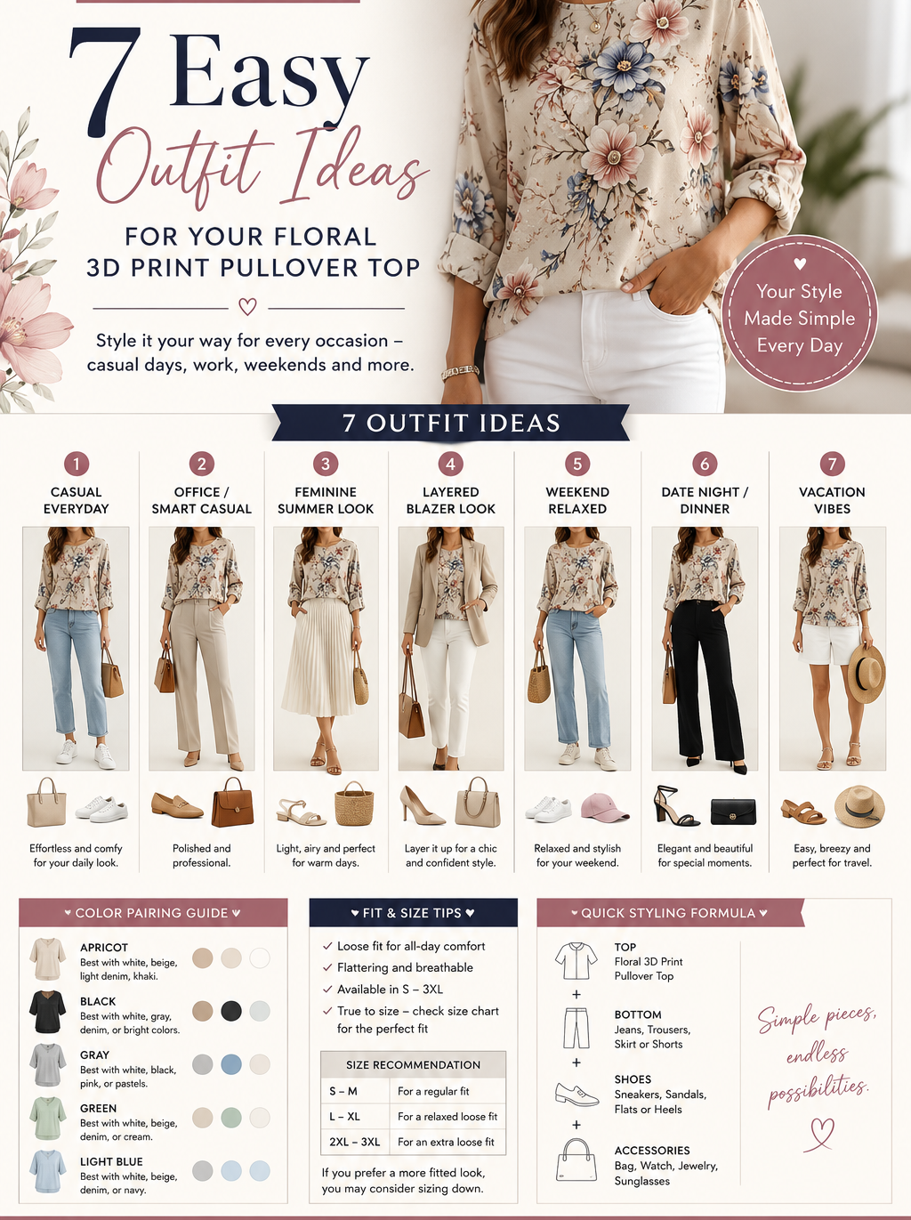 A beige, long-sleeve pullover top with a 3D floral print, styled in seven different outfits with pants and skirts.