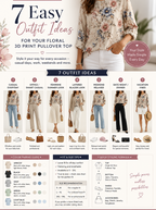 A beige, long-sleeve pullover top with a 3D floral print, styled in seven different outfits with pants and skirts.
