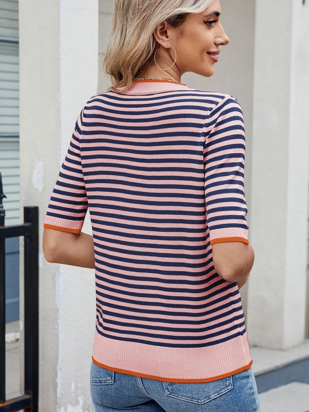Striped casual T-shirt with contrast trim from Trendsi, featuring a relaxed fit and stylish design, shown in the product image.