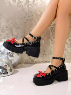 Women's round toe block heel pumps with bow detail, stylish mid-heel shoes by Trendsi, featuring a classic design and comfortable fit.
