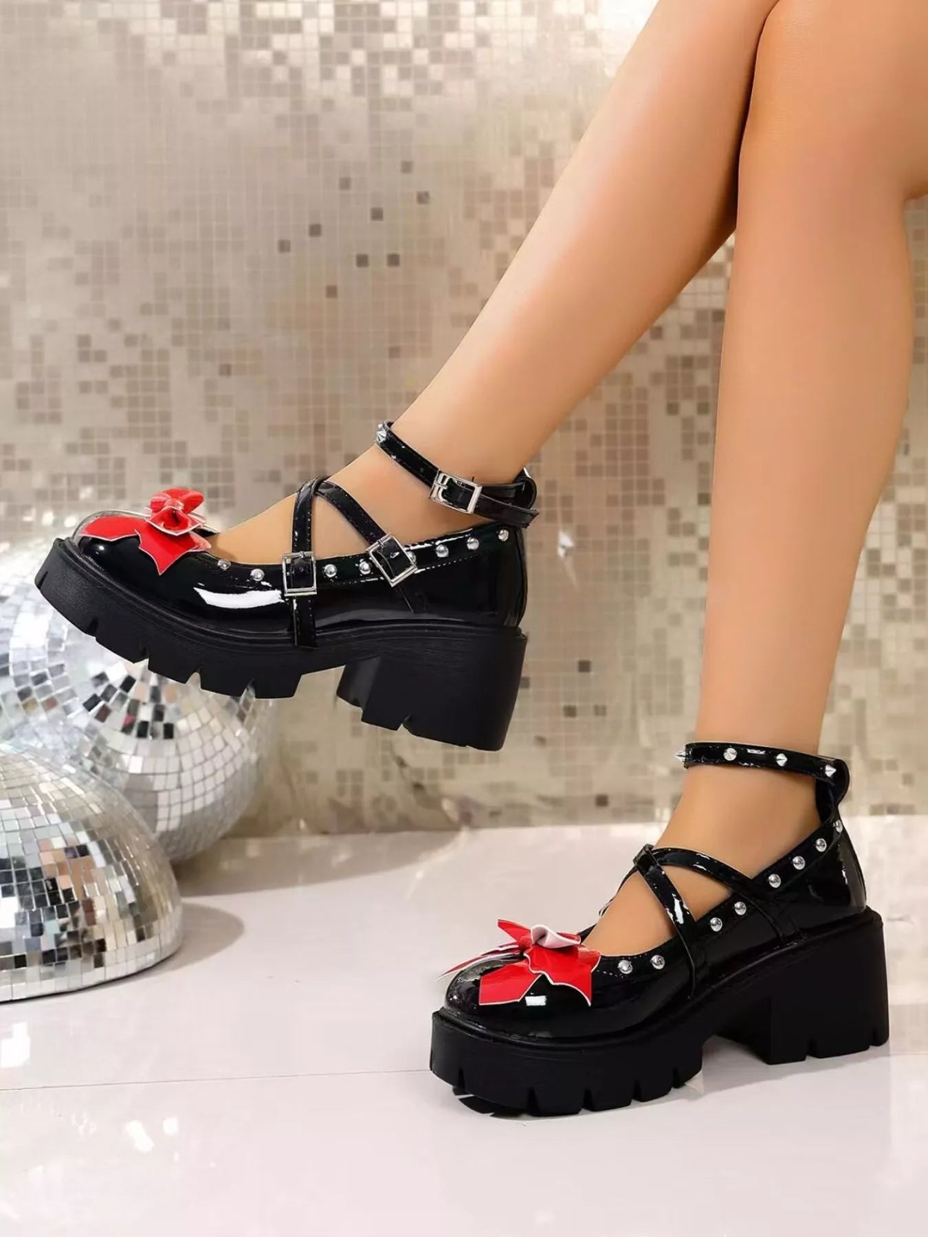 Women's round toe block heel pumps with bow detail, stylish mid-heel shoes by Trendsi, featuring a classic design and comfortable fit.