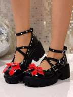 Women's round toe block heel pumps with bow detail, stylish mid-heel shoes by Trendsi, showcasing elegant design and comfortable fit.