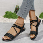 Braided ankle strap flat sandals made of comfortable PU leather, casual summer shoes featuring a stylish design.