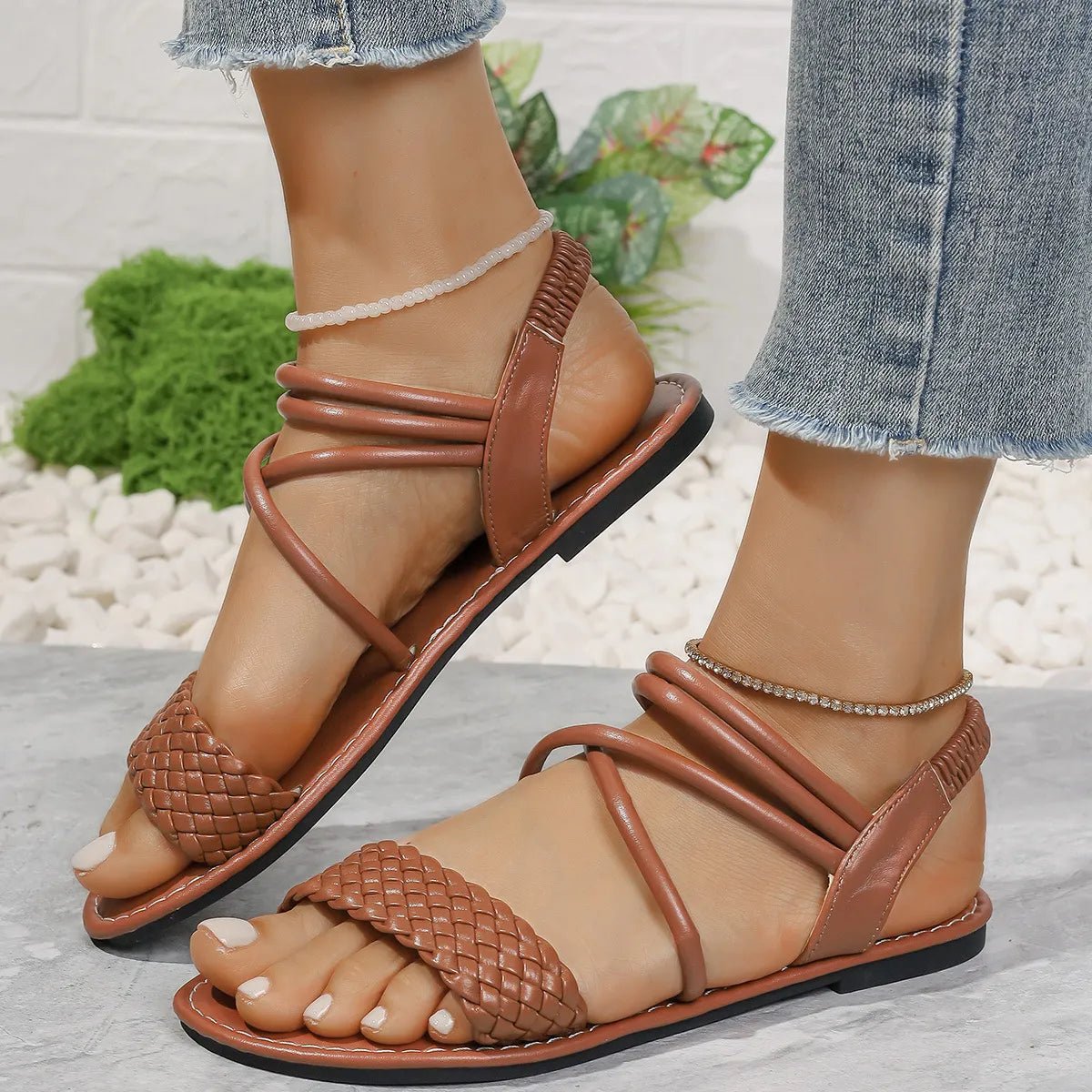 Braided ankle strap flat sandals in comfortable PU leather, casual summer shoes with open toe design and buckle closure.