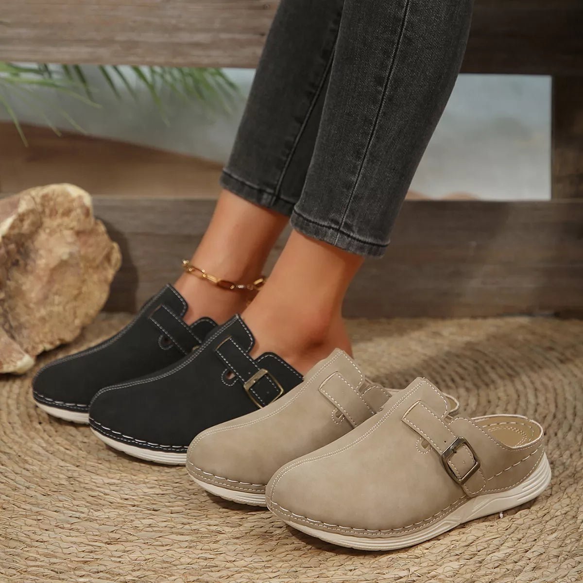 Women's slip-on flats with buckle accents in premium PU leather, stylish and comfortable shoes by Trendsi.
