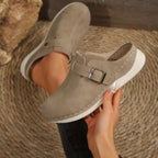 Women's slip-on flats with chic buckle accents in premium PU leather, stylish and comfortable trendy shoes.