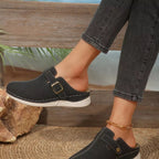 Women's slip-on flats with chic buckle accents in premium PU leather, stylish and comfortable shoes by Trendsi.