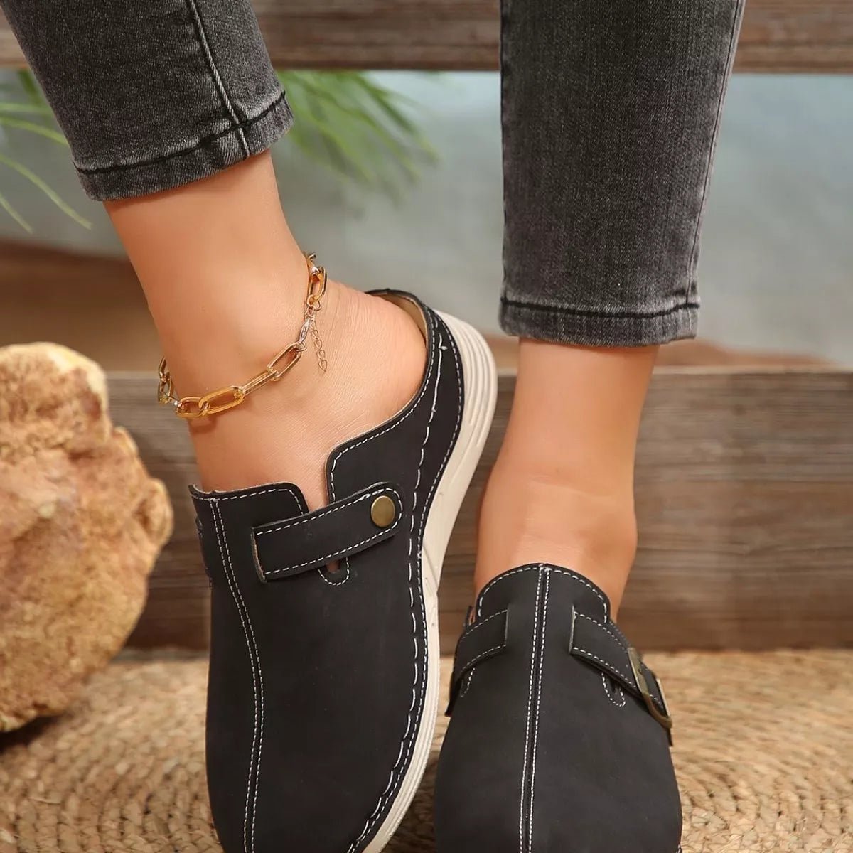Women's slip-on flats with buckle accents in premium PU leather, stylish and comfortable shoes by Trendsi.