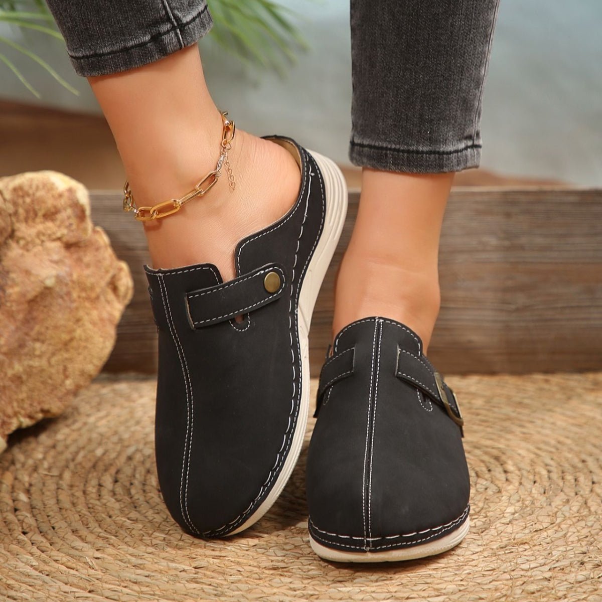 Women's chic slip-on flats with buckle accents, made from premium PU leather, stylish and comfortable shoes by Trendsi.