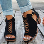 Women's chic faux leather buckle block heel sandals with mid-height heels, stylish and comfortable for casual or dressy occasions.