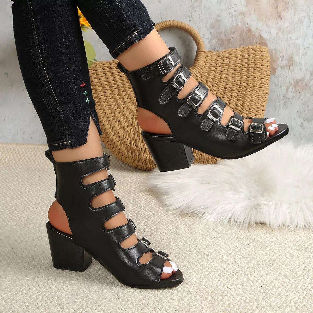 Buckle Block Heels Sandals - Plush Fashion Hub