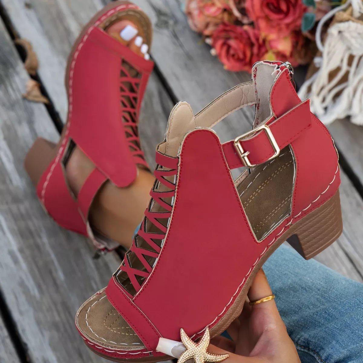Women's chic faux leather buckle block heel sandals with mid-heels, featuring a stylish strap design and comfortable fit.