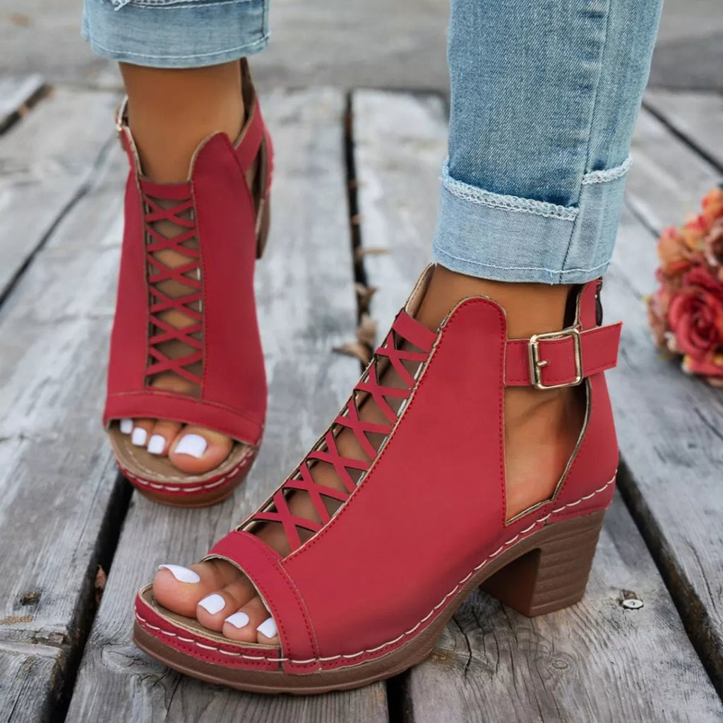Women's chic faux leather buckle block heel sandals with comfortable mid-heels, stylish and perfect for casual or dressy occasions.