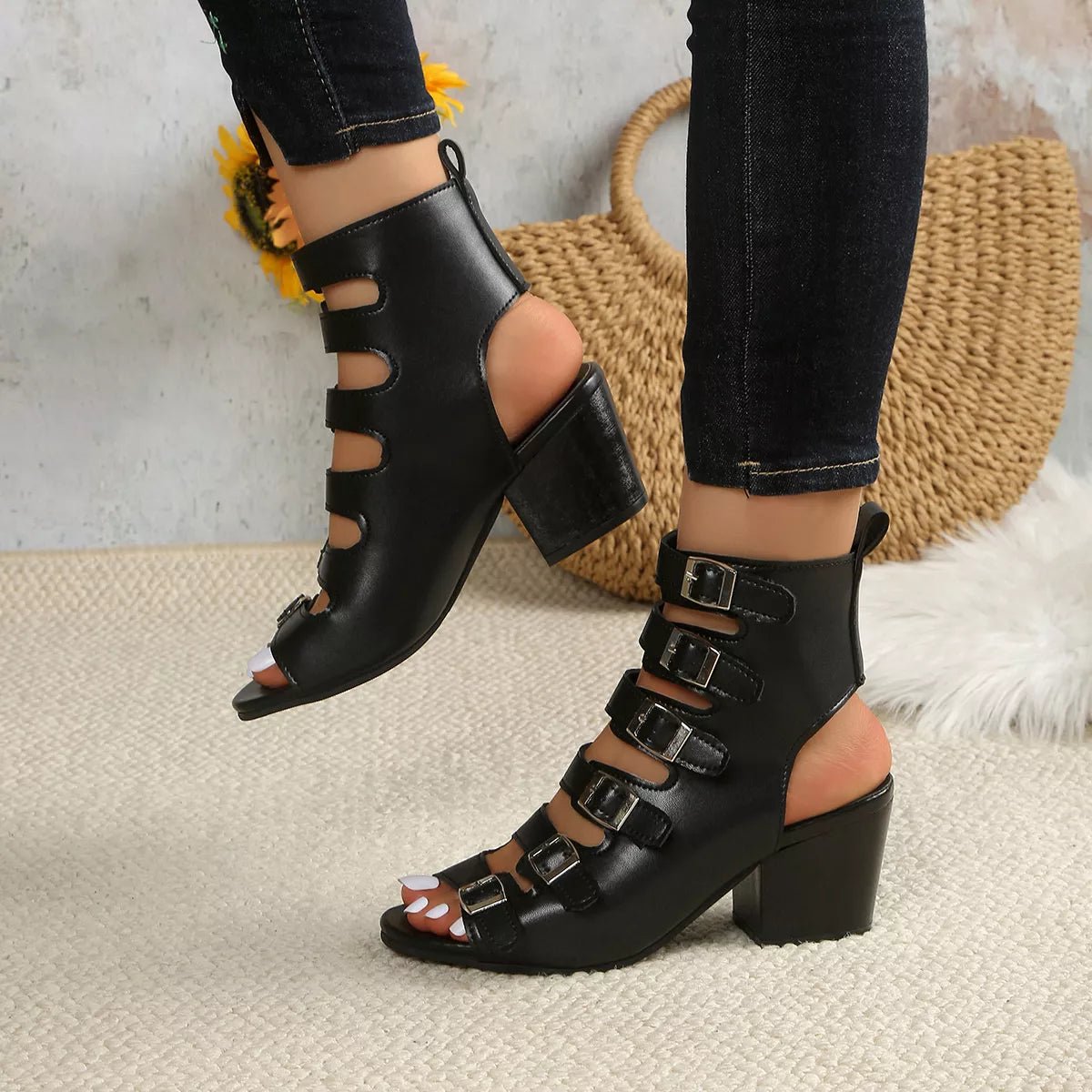 Buckle Block Heels Sandals - Plush Fashion Hub