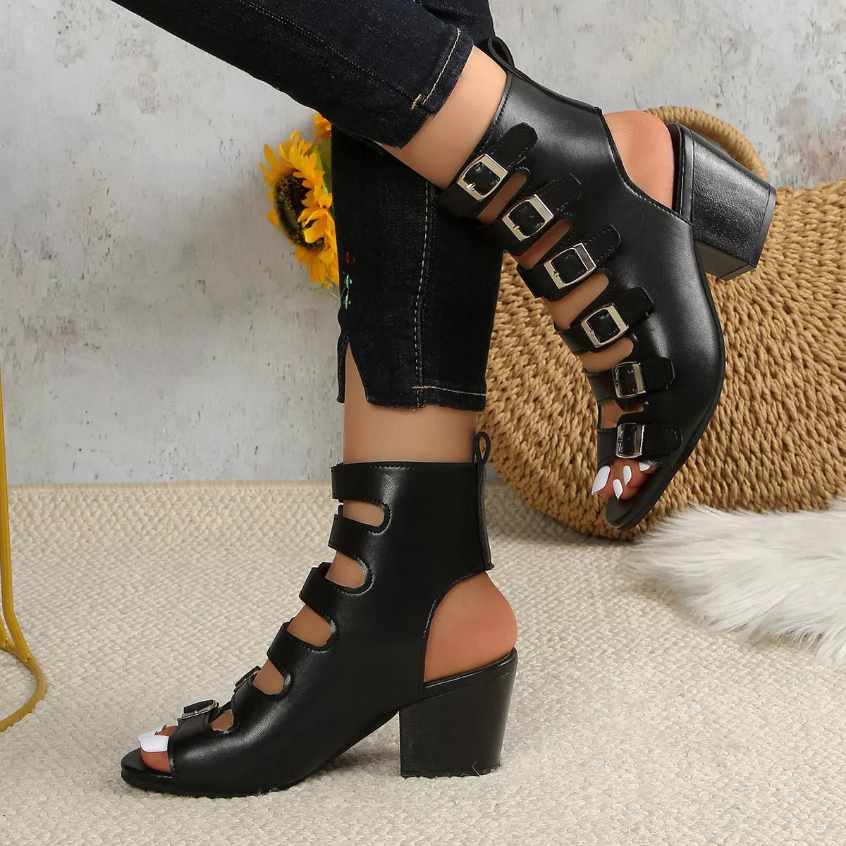 Buckle Block Heels Sandals - Plush Fashion Hub