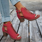 Women's chic faux leather buckle block heel sandals with comfortable mid-heels, stylish and perfect for casual or dressy occasions.