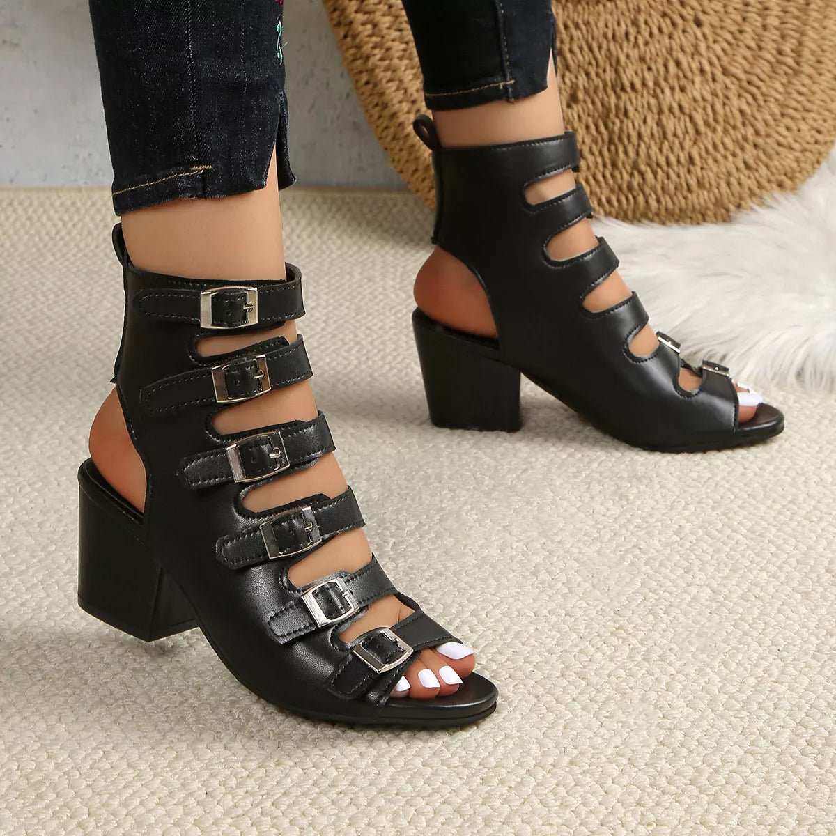 Buckle Block Heels Sandals - Plush Fashion Hub