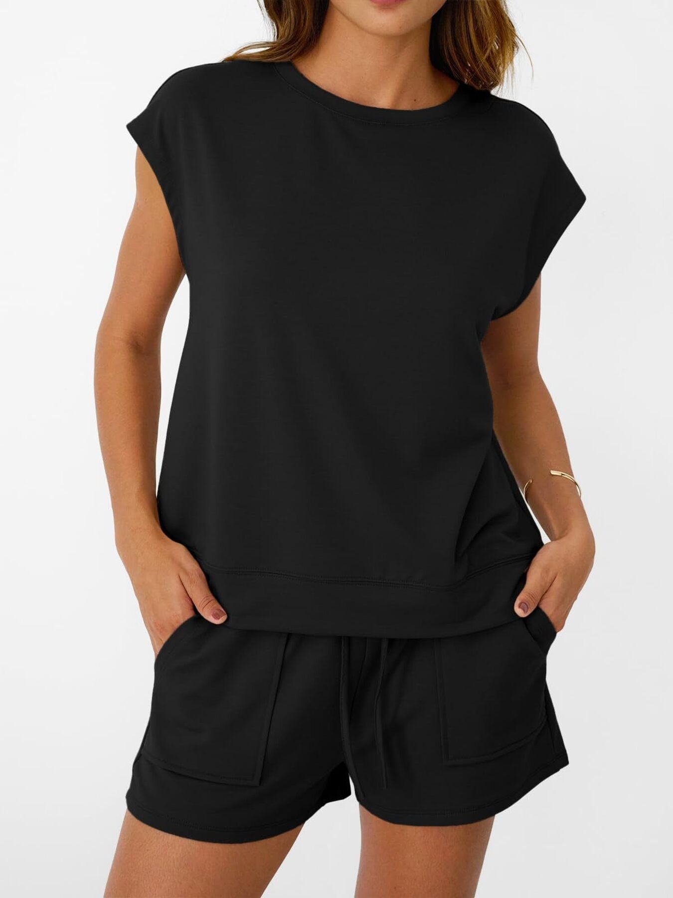 Women's soft round neck cap sleeve lounge set with drawstring shorts, comfortable 2-piece sleepwear from Trendsi.
