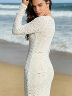 Boho crochet mesh beach cover-up dress from Trendsi, sheer knit swimwear cover-up with bohemian style for beachwear.