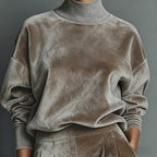 A model wears a taupe-colored velour long-sleeve top with a mock neck, ribbed cuffs, and matching wide-leg trousers.