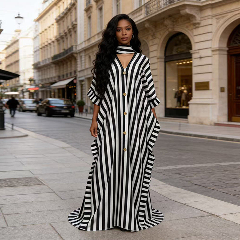 African-inspired striped loose long dress by FitiqueFit in five colors, featuring a relaxed fit and flowing fabric.