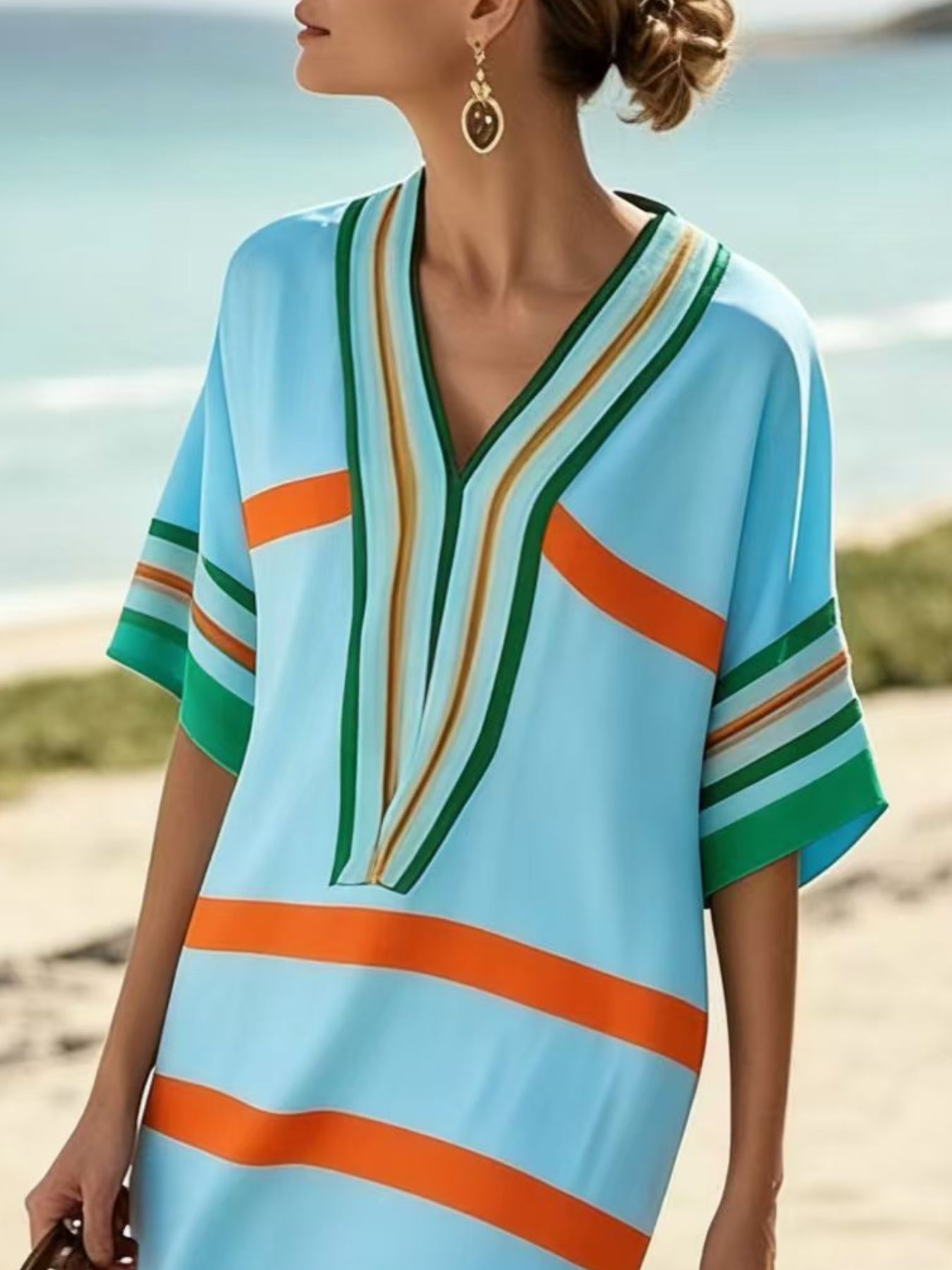 Plus size women's striped midi dress with half-sleeves, casual chic style, perfect for everyday wear by Trendsi.