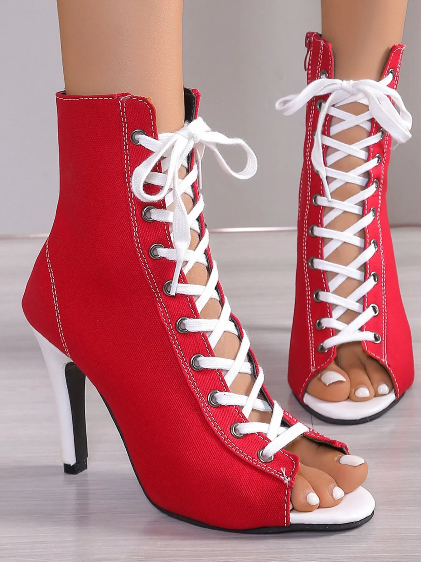 Canvas Lace - Up Peep Toe Stiletto Ankle Boots - Plush Fashion Hub