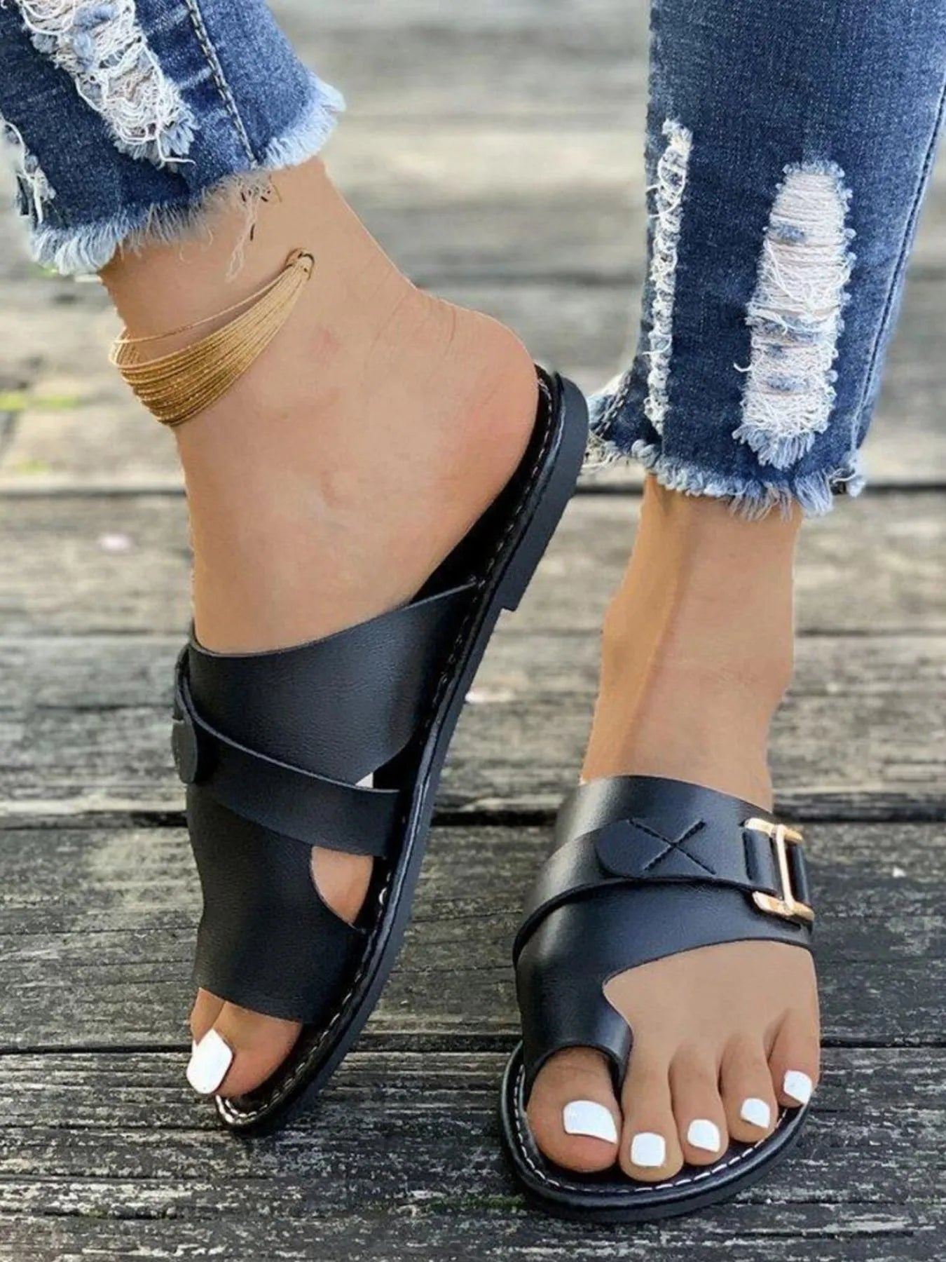 Casual Toe Ring Buckle Flat Sandals - Plush Fashion Hub