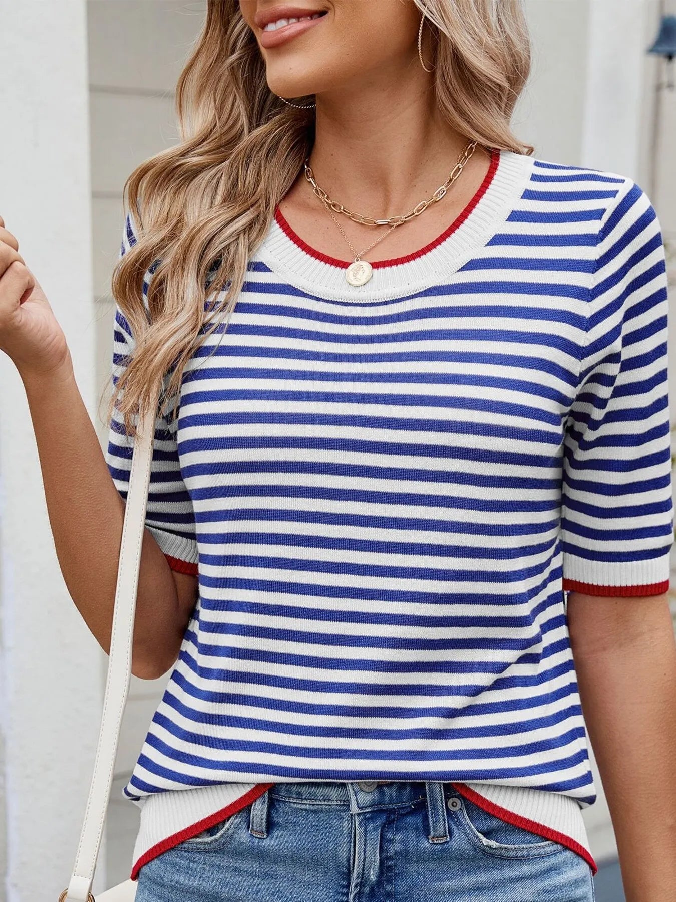 Striped casual T-shirt with contrast trim from Trendsi, showing a relaxed fit and stylish design in natural fabric.