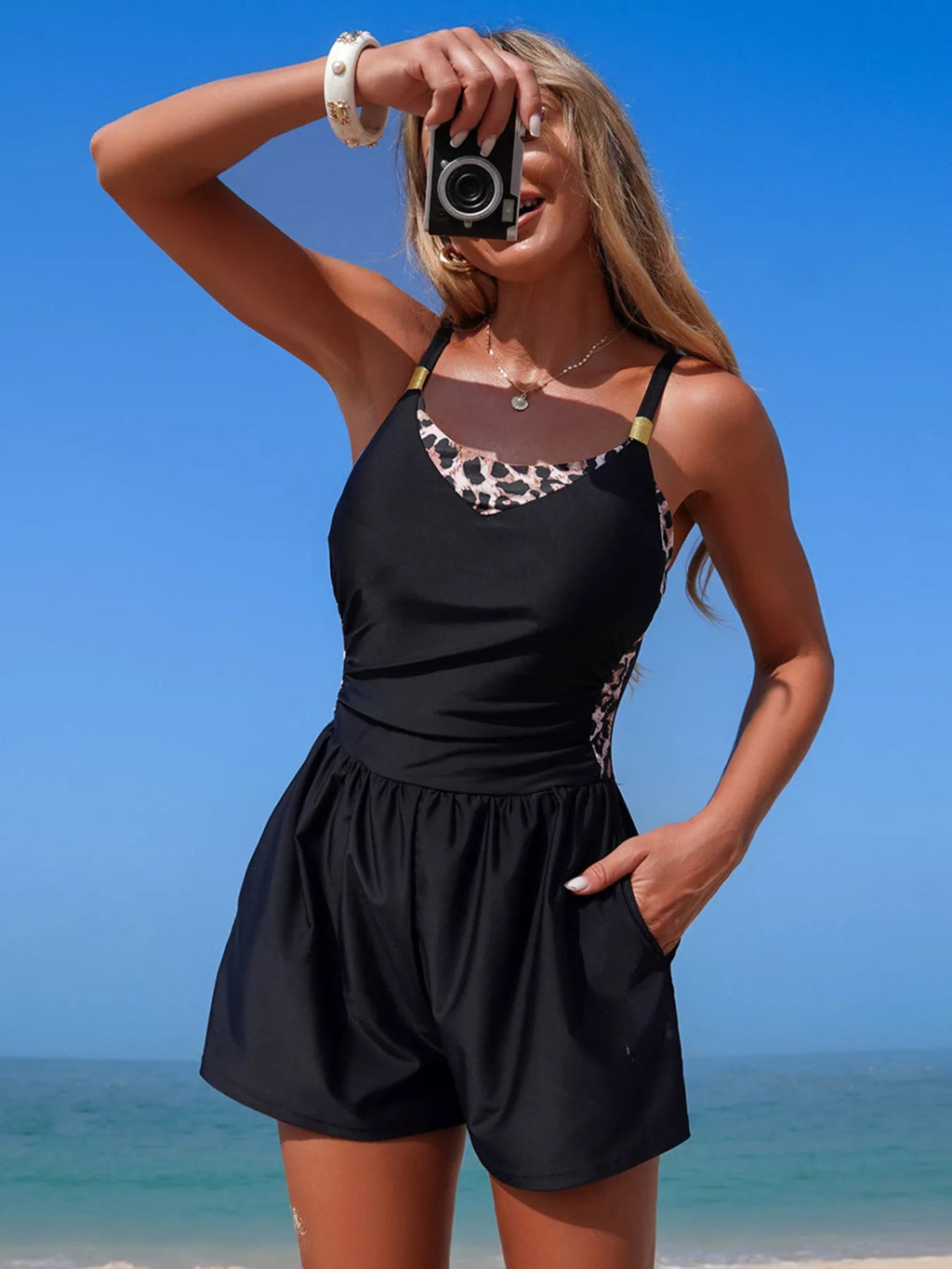 Color Block Adjustable Strap One - Piece Swimsuit for Women - Plush Fashion Hub