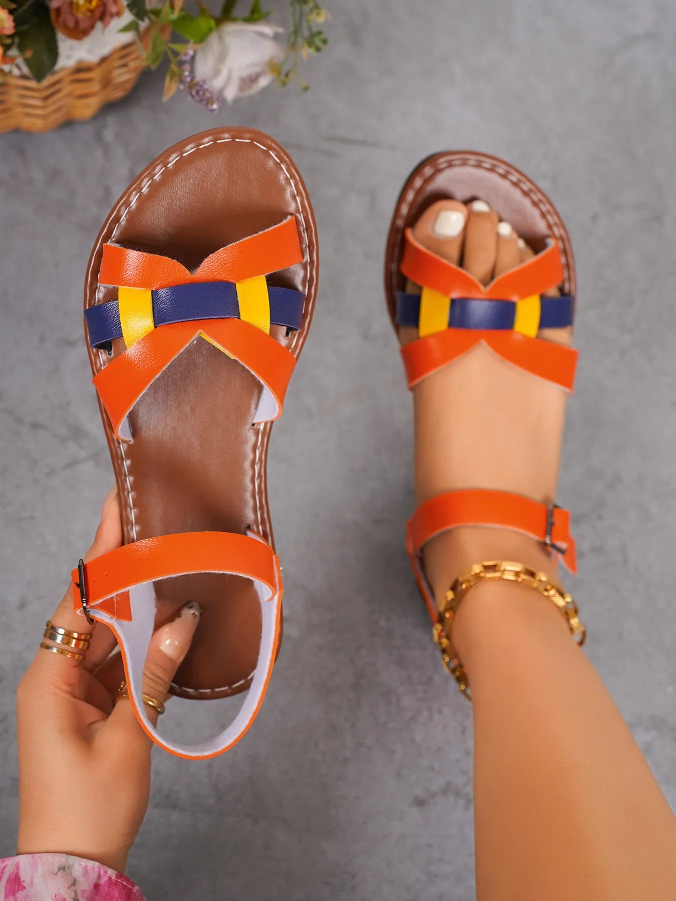 Contrast Ankle Strap Flat Sandals - Plush Fashion Hub