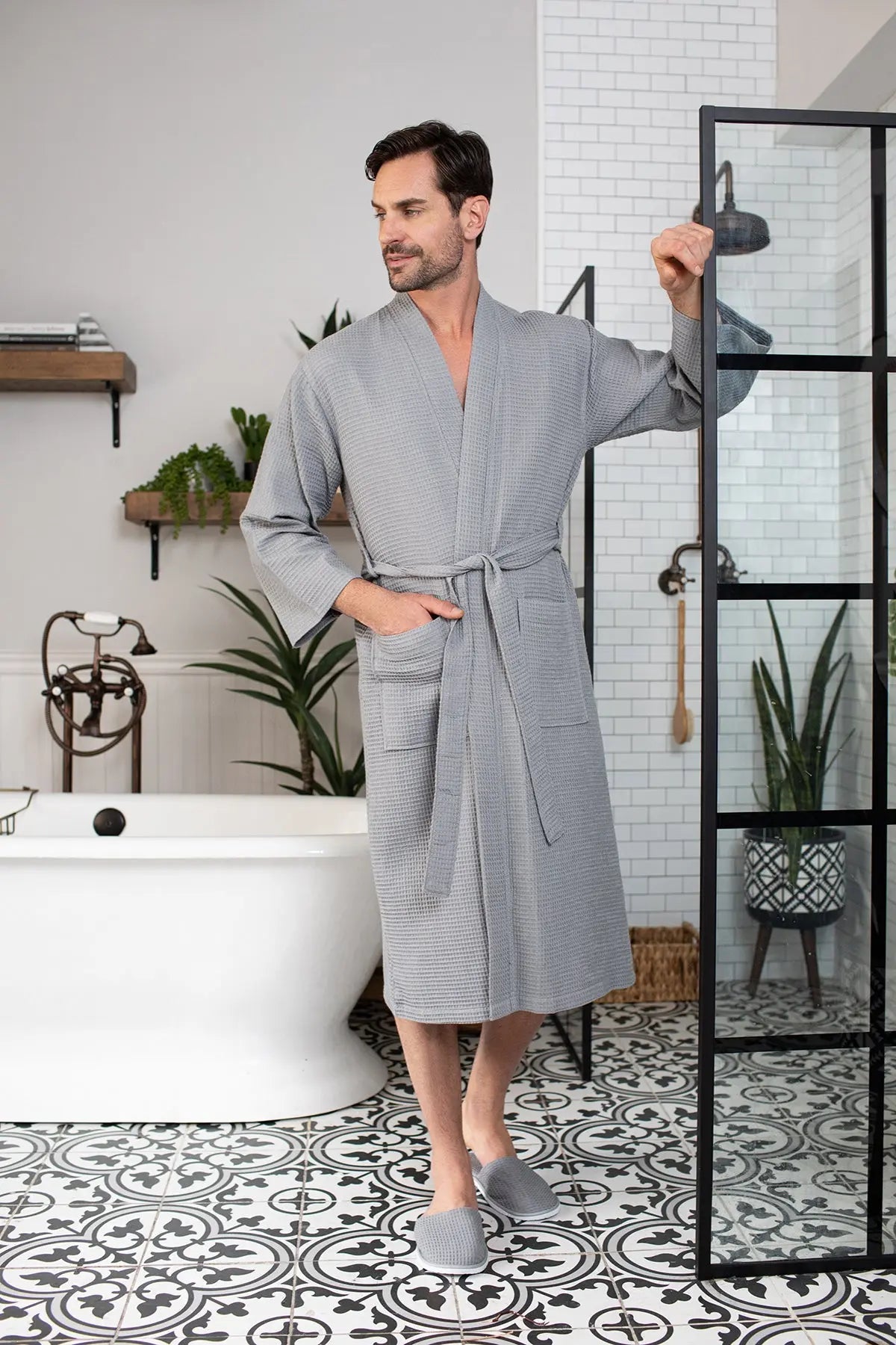 Waffle Spa Bathrobe for Men -  Absorbent, Lightweight - Plush Fashion Hub