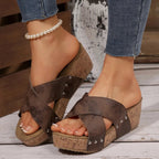 Women's crisscross open toe wedge sandals by Trendsi, made of faux leather, comfortable summer shoes with a stylish design.