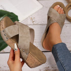 Women's crisscross open toe wedge sandals by Trendsi, faux leather summer shoes with a comfortable wedge heel and stylish design.