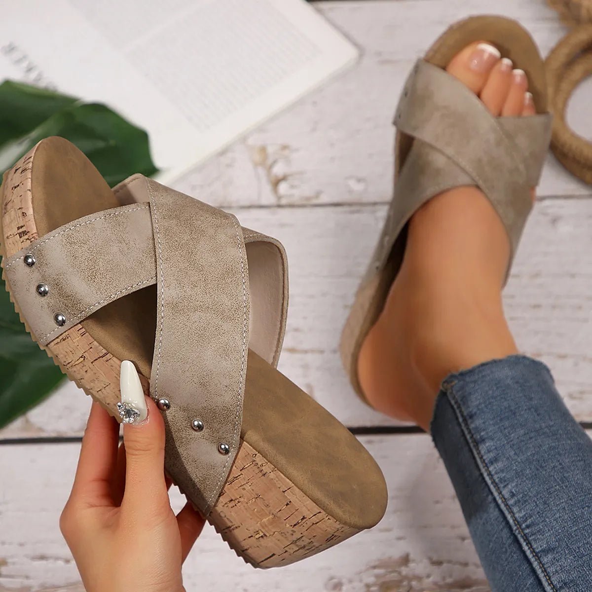 Women's crisscross open toe wedge sandals by Trendsi, faux leather summer shoes with a comfortable wedge heel and stylish design.