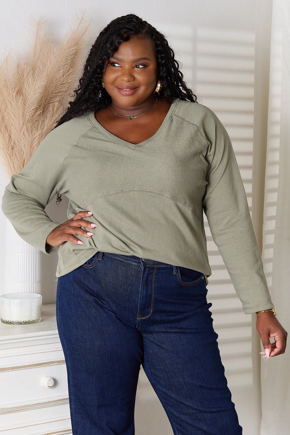 Culture Code Full Size V - Neck Long Sleeve T-Shirt - Plush Fashion Hub