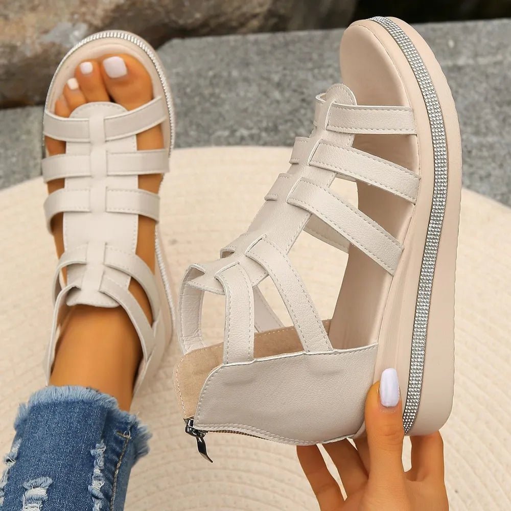 Cutout Rhinestone Trim Wedge Sandals - Plush Fashion Hub
