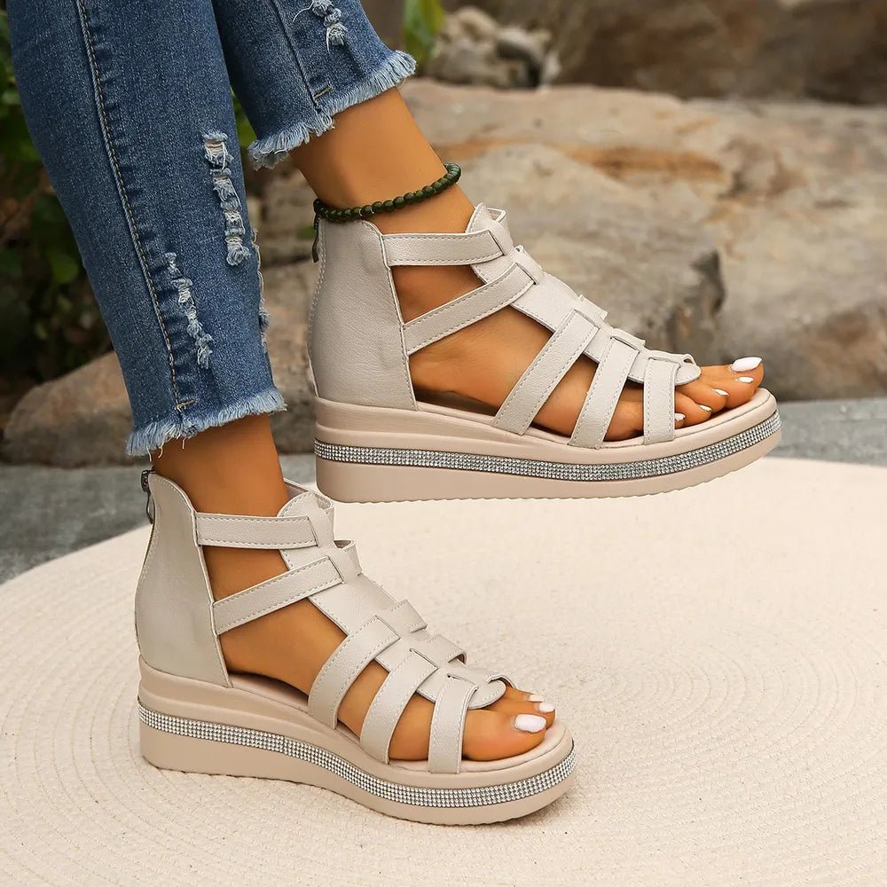 Cutout Rhinestone Trim Wedge Sandals - Plush Fashion Hub
