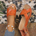 Open toe wedge sandals by Plush Fashion Hub featuring tan straps and a cork wedge heel, perfect for summer footwear.