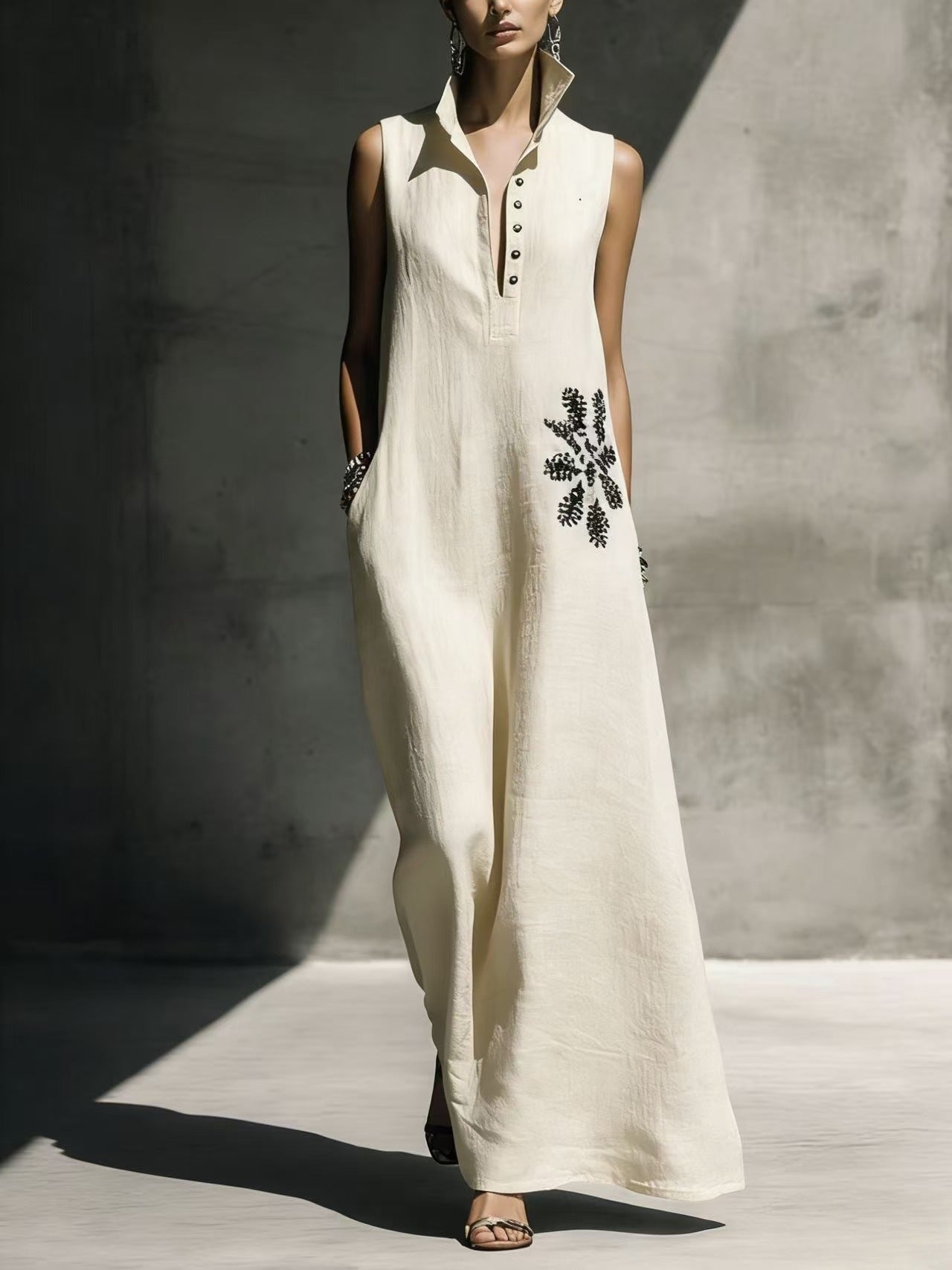 Women's Cotton Linen Mandarin Collar Maxi Dress – Graphic Print with Pockets FitiqueFit