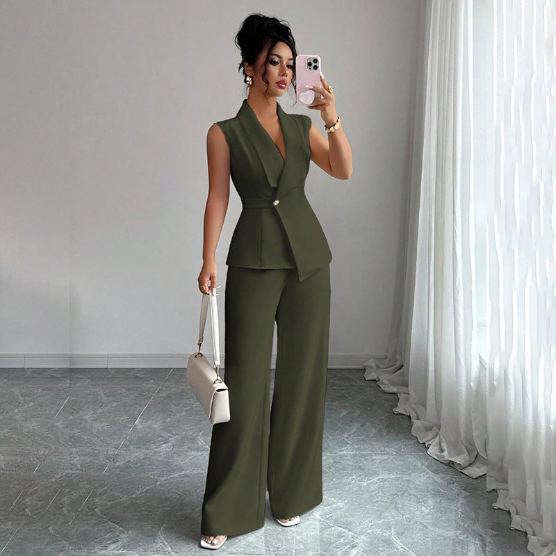 Women's Sleeveless Blazer & Straight-Leg Pants Two-Piece Set FitiqueFit