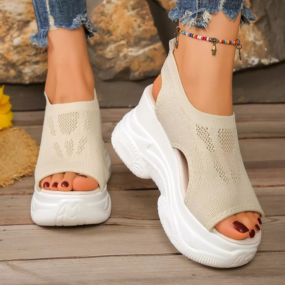 Open toe platform sandals by Plush Fashion Hub featuring a stylish design with a chunky heel and comfortable open toe style.