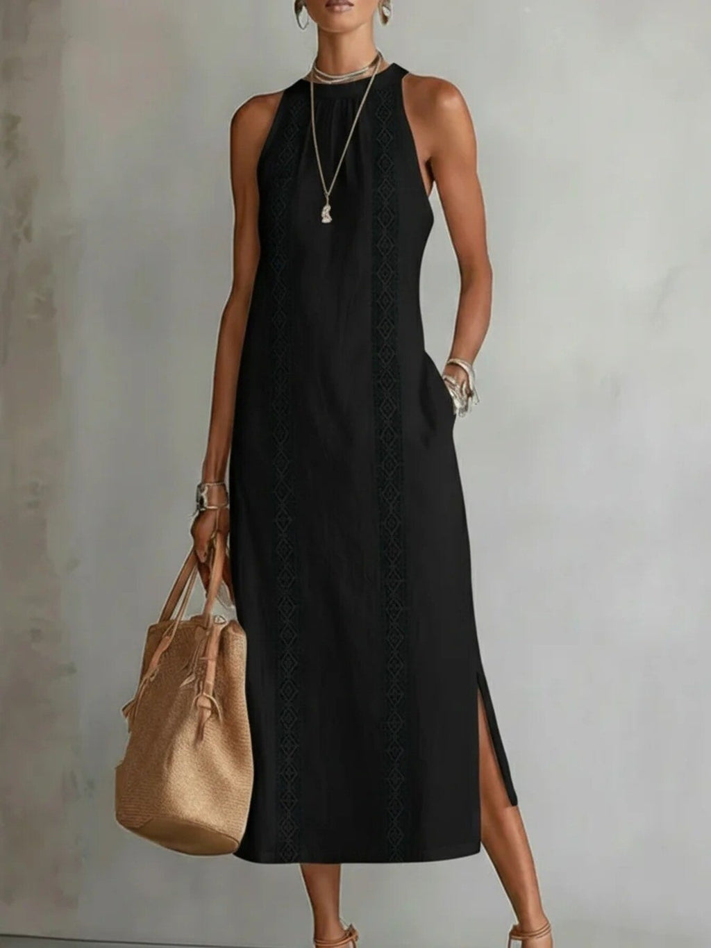 Sleeveless hollow-out midi dress with side slit and pockets, stylish Trendsi dress shown in natural pose and fabric detail.